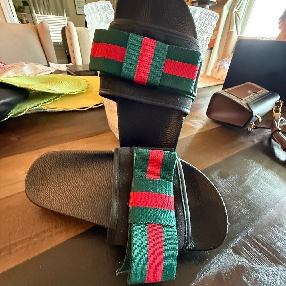 Gucci Black Slides with Green and Red Bow Straps